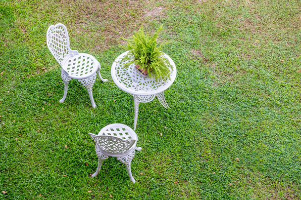 Chaises blanches antiques avec décor végétal sur la table
 - Photo, image