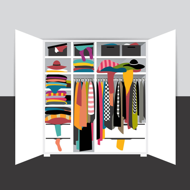 Open wardrobe, closet overflowing with clothes, untidy, mess. Vector cartoon illustration.  - Vector, Image