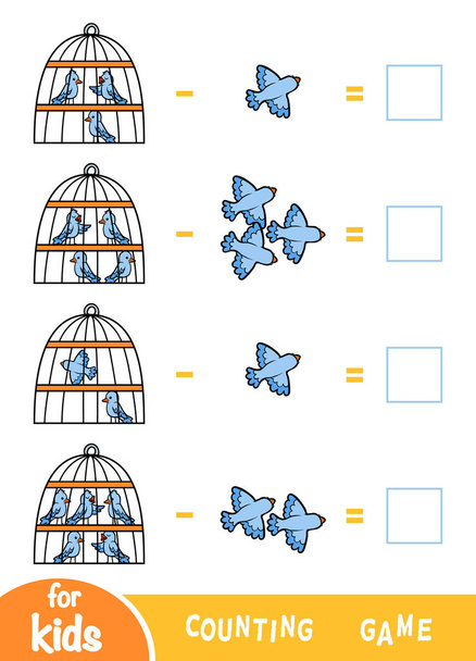 Counting Game for Preschool Children. Subtraction worksheets. Birds and cages - Vector, Image
