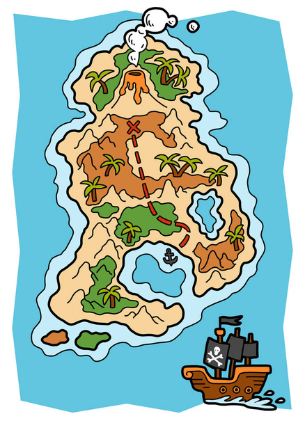 Cartoon vector illustration, Pirate map with a tropical island - Vecteur, image