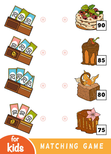 Matching game for children. Count how many money is in each wallet and choose the correct price. - Vector, Image