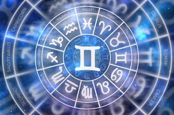 Znak zodiaku bliźnięta symbol wewnątrz okręgu horoskop - Zdjęcie, obraz