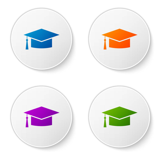 色卒業キャップ アイコンが白い背景に分離されました。タッセル アイコンと卒業の帽子。丸ボタンの色アイコンを設定します。ベクトル図 - ベクター画像