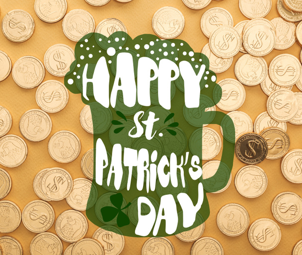 top view of shiny golden coins with dollar signs near happy st patrick day lettering on orange background  - Photo, Image