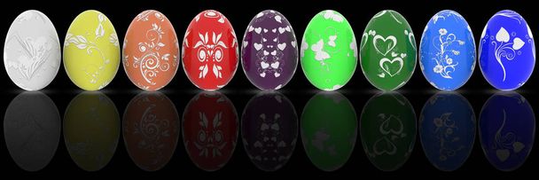  3D иллюстрация. Серия украшенных пасхальных яиц. Яйца, оформленные в различных цветах на черном фоне
. - Фото, изображение