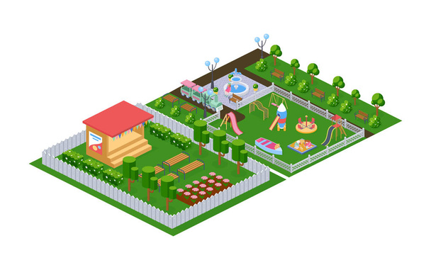 Outdoor park, childrens playground in kindergarten, appearance of stage. - Vector, Image