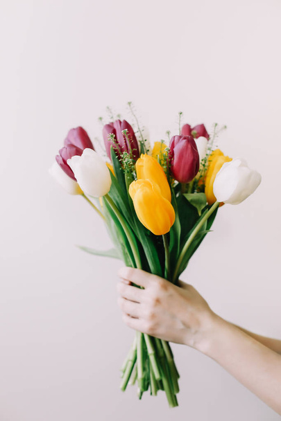  Bouquet of bright tulips in a female hand on a white background - Foto, Bild