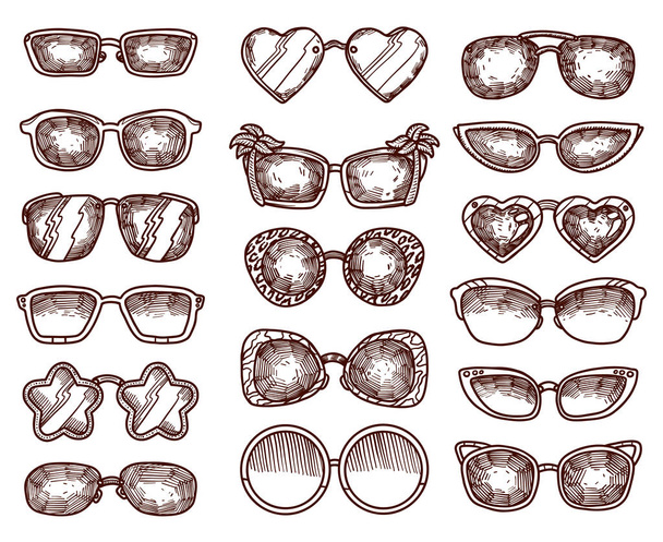 Dibujado a mano ilustración de verano estilo boceto gafas de sol icono conjunto. Icono de vector Doodle simple para diseño web aislado sobre fondo blanco
 - Vector, imagen