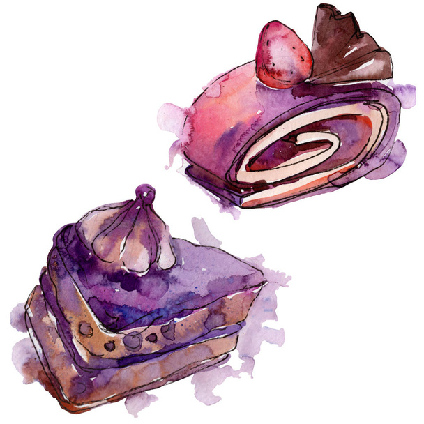 分離された水彩画のフルーツのおいしいケーキ。アクワレル甘いデザート。背景イラスト セット. - 写真・画像