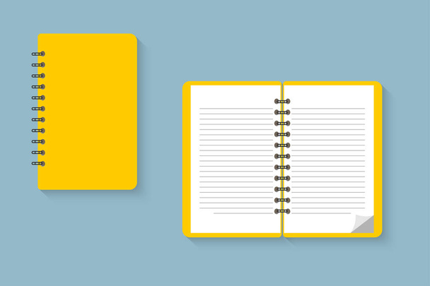 Laptop. Kladblok. Leeg sjabloon voor geopende en gesloten Notebook. Kladblok op blauwe achtergrond met zachte schaduwen. Platte ontwerp. Vector iconen - Vector, afbeelding