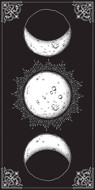 Antique style hand drawn line art and dot work moon phases. Boho chic poster, fabric, altar veil or tapestry design vector illustration. - Vector, Image