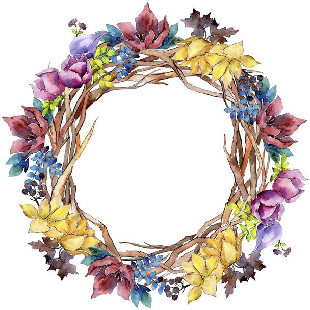Bouquet composition floral botanical flowers. Watercolor background illustration set. Frame border ornament square. - 写真・画像