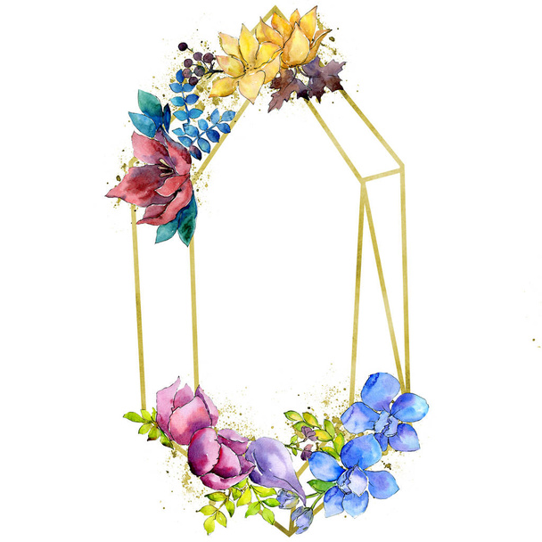 Bouquet composition botanical flowers. Watercolor background illustration set. Frame border crystal ornament square. - Photo, Image