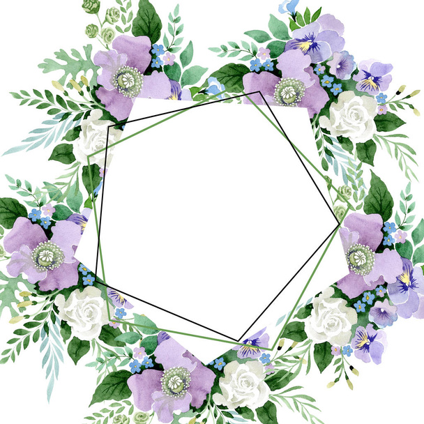 Veilchenstrauß blumige botanische Blumen. Aquarell Hintergrundillustration Set. Rahmen Rand Kristall Ornament Quadrat. - Foto, Bild