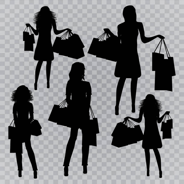 Módní mladá dívka dělá nákupy. Černá silueta dívky. Pokeprki, nakupování. - Vektor, obrázek