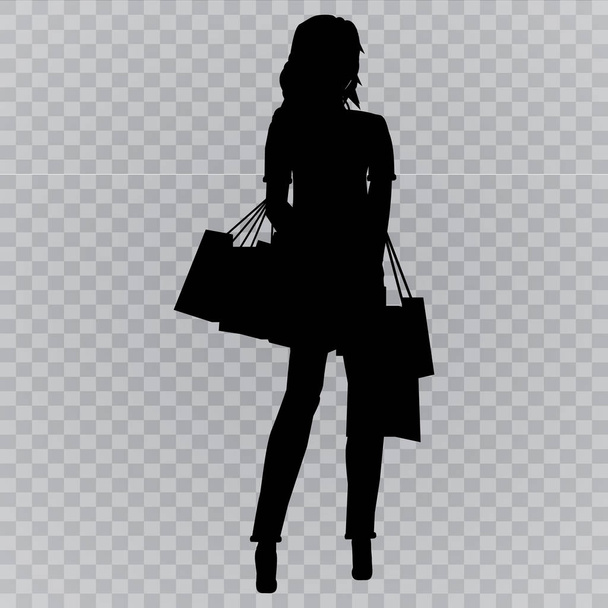 Fashionable young girl makes purchases. Black silhouette of a girl. Pokeprki, shopping trips. - Vector, Image