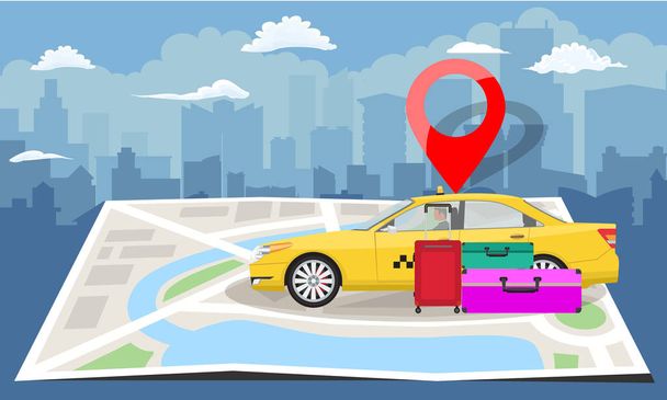 Sarı taksi çanta ve katlanmış harita ile cityscape siluet arka plan üzerinde kırmızı PIN ile. Vektör çizim. - Vektör, Görsel