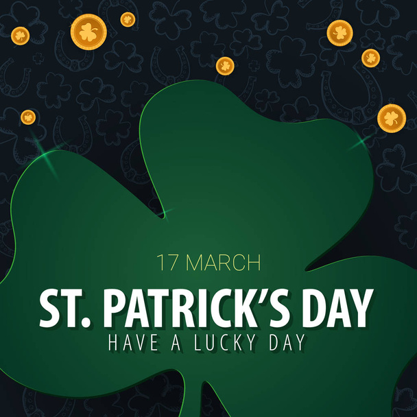 Saint Patricks Day banner. Clover leaves with coins on dark background. Vector Illustration. - Vetor, Imagem