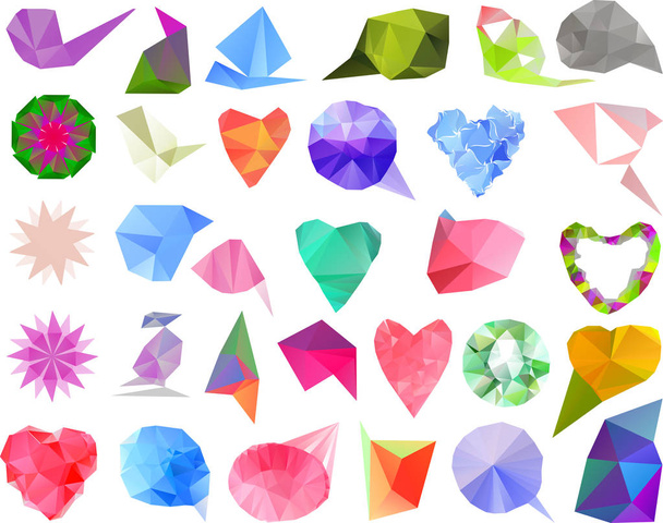set of vector polygonal gemstones, hearts and floral elements - Vettoriali, immagini