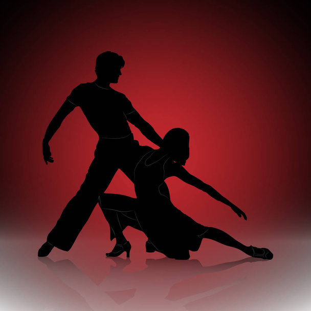 Silhouette of dancing man and woman on red gradient background - Vektör, Görsel