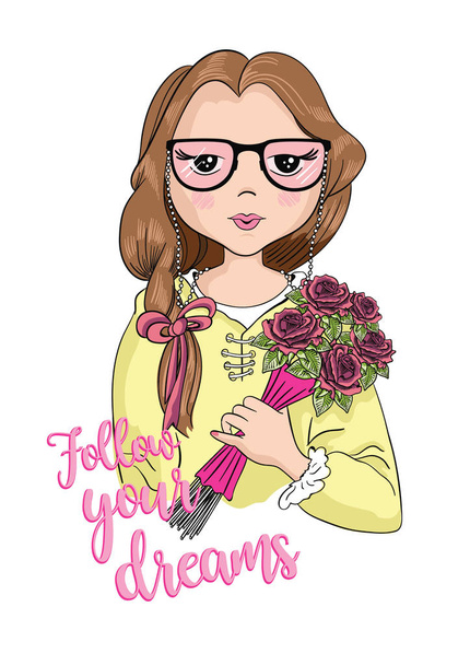 Schattig meisje in brillen boeket van bloemen te houden. Grafisch ontwerp geschikt voor gebruik in t-shirts - Vector, afbeelding