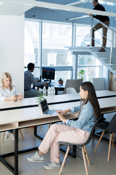 Jonge casual zakenvrouw zittend aan de tafel en te typen op laptop bij Modern Office - Foto, afbeelding