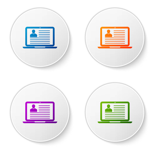 Color Laptop with resume icon isolated on white background. CV application. Searching professional staff. Analyzing personnel resume. Set color icon in circle buttons. Vector Illustration - Vector, Image