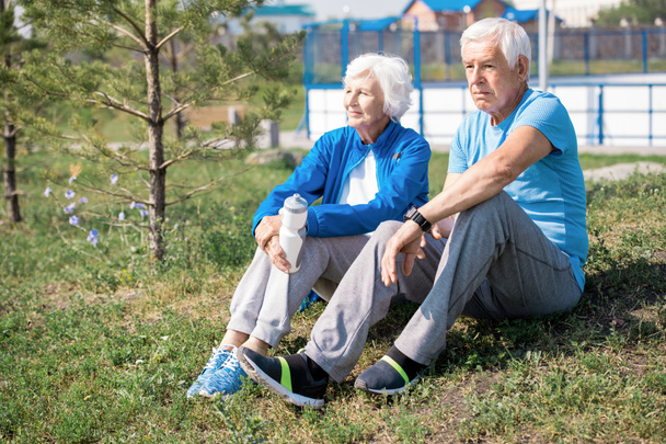 Portrait de couple de personnes âgées modernes assis sur la pelouse par arbre tout en profitant de la journée ensoleillée dans le parc ensemble, copier l'espace
 - Photo, image