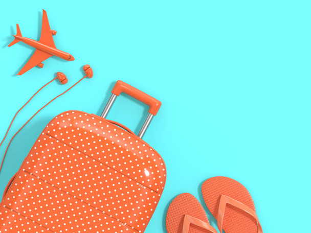 3d render of suitcase with vacation stuff over blue background - 写真・画像