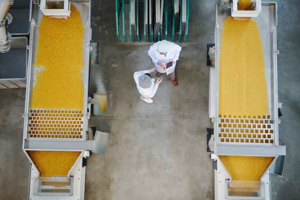 Κορυφαίο υπόβαθρο δύο εργατών εργοστασίου που στέκονται από μονάδες μηχανών κατά τη διάρκεια της ποιοτικής επιθεώρησης στην παραγωγή τροφίμων, αντιγραφή χώρου - Φωτογραφία, εικόνα