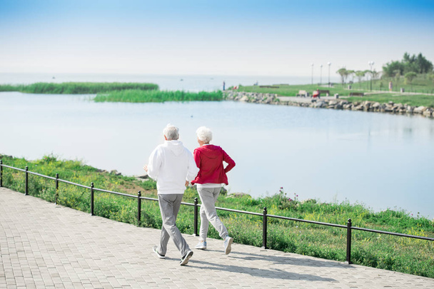 Back view portrait of active senior couple running together in park along lake, copy space - Photo, Image
