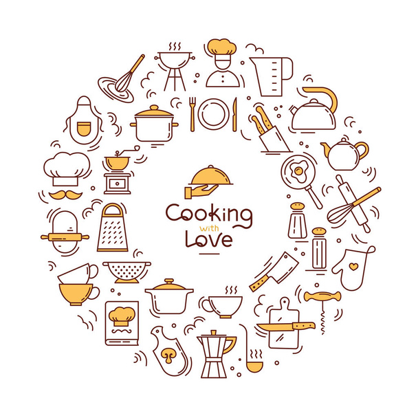 Kochen mit Liebe kreisförmigen Hintergrund von Symbolen zum Thema Küche und Kochen mit Schriftzug. - Vektor, Bild