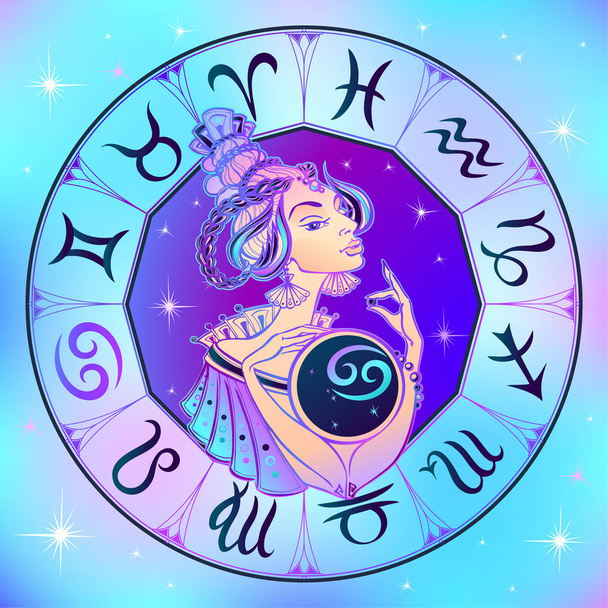 Zodiac merkki Syöpä kaunis tyttö. Horoskooppi. Astrologia
 - Vektori, kuva