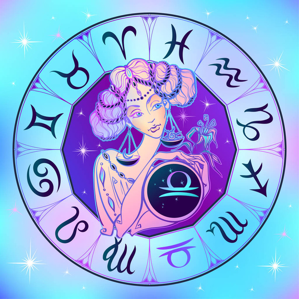 Sterrenbeeld Weegschaal een mooi meisje. Horoscoop. Astrologie. Vector - Vector, afbeelding