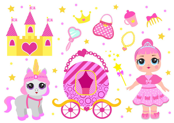 Set aus süßer kleiner Prinzessin, Schloss, Pony, Kronenkutsche und Accessoires. Märchen Baby-Prinzessin und ihr Haustier. Vektorillustration - Vektor, Bild