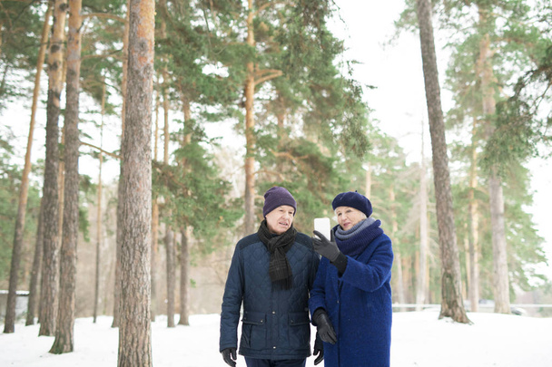 Μέση επάνω πορτρέτο του σύγχρονου γηραιότερος ζευγάρι χρησιμοποιώντας smartphone, ενώ απολαμβάνοντας το περπάτημα στο χειμερινό δάσος, αντίγραφο χώρου - Φωτογραφία, εικόνα