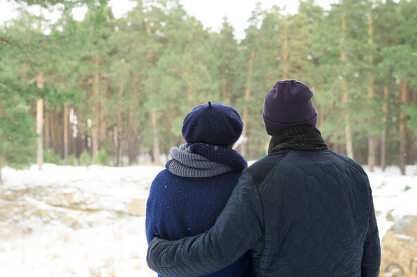 Портрет старшої пари, який дивиться на зимовий ліс, насолоджуючись прогулянкою, копіює простір
 - Фото, зображення