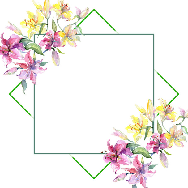 Κίτρινο και μοβ lillies βοτανικό λουλούδια. Ακουαρέλα φόντο εικόνα σύνολο. Πλαίσιο συνόρων στολίδι τετράγωνο. - Φωτογραφία, εικόνα