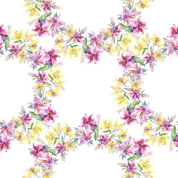 Yellow and purple lillies floral botanical flowers. Watercolor background illustration set. Seamless background pattern. - Foto, imagen