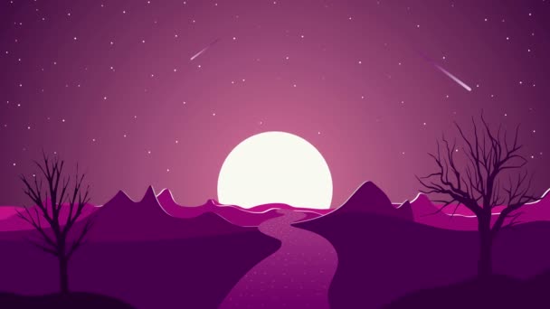 De illustraties van de animatie in de stijl van het ontwerp van het materiaal. Canyon, bergen, bomen, zonsondergang, komeet, sterren. 4 k resolutie ontwerp video - Video