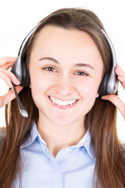 Support happy woman phone operator in headset isolated in white background - Valokuva, kuva