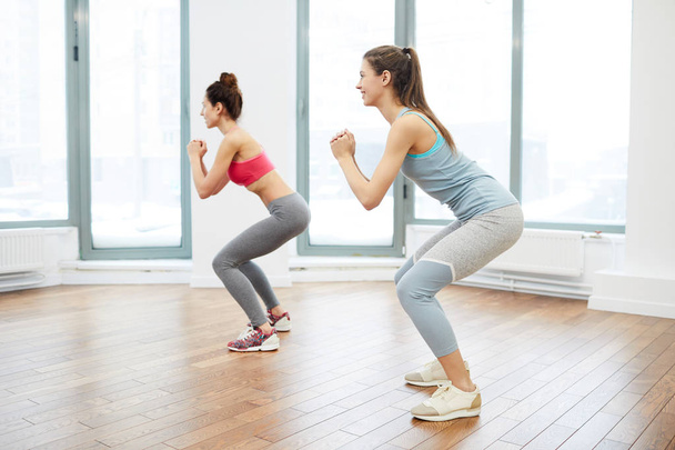 Vista lateral retrato de duas jovens mulheres alegres trabalhando no estúdio de fitness espaçoso, espaço de cópia
 - Foto, Imagem