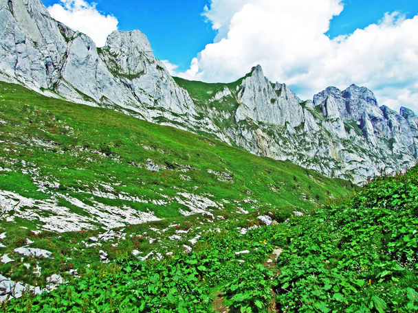 The spiky alpine peaks of Fhlentrm at the Alpstein mountain range - Canton of Appenzell Innerrhoden, Switzerland - Foto, afbeelding