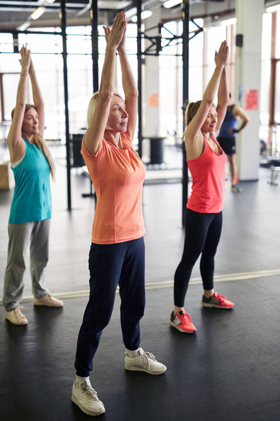 Grupo de mujeres activas estirando los brazos hacia arriba mientras están de pie en el suelo y haciendo ejercicio en el gimnasio
 - Foto, Imagen
