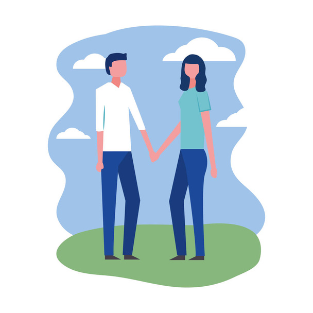 молодая пара, держась за руки в пейзаже
 - Вектор,изображение