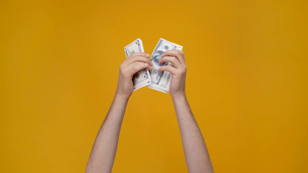 vista recortada del hombre contando billetes de dólar en manos aisladas en amarillo
 - Metraje, vídeo
