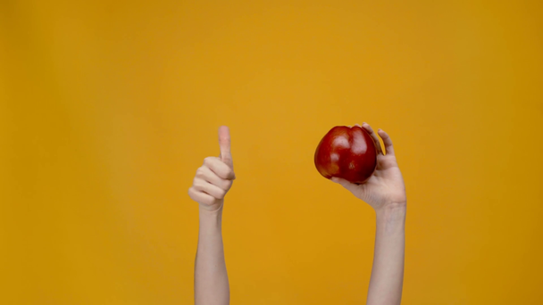 oříznutý pohled ženy držící apple, ukázal prstem a ukazuje palcem nahoru znamení izolované na žluté - Záběry, video