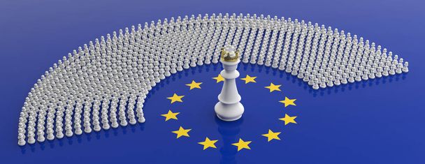 Membres du Parlement européen en tant que pions et roi des échecs sur drapeau de l'Union européenne, bannière. Illustration 3d
 - Photo, image