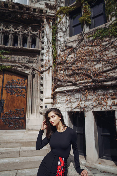 stylish brunette standing next to the entance to a building - Zdjęcie, obraz