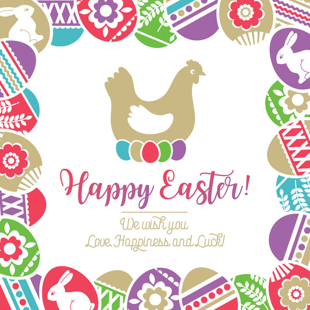 Kerettel, a színes húsvéti tojás húsvéti üdvözlőlap díszített virágok, levelek és nyulak felett fehér háttér. Húsvéti ünnepek design. Tyúk az öt színes tojásokat. Kézzel rajzolt díszítő elemek, vektor - Vektor, kép